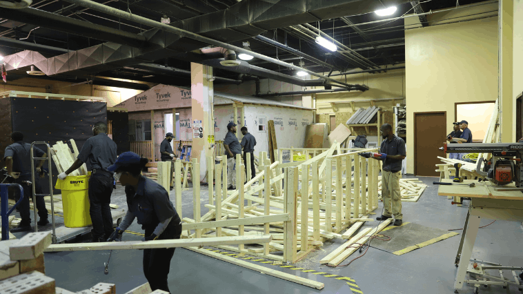 Framework of house made with wood boards in NATS training area