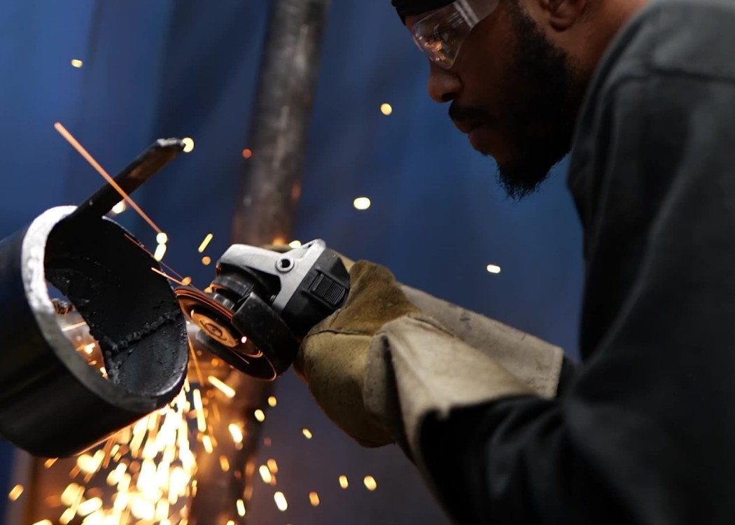 Closeup of a welding student welding