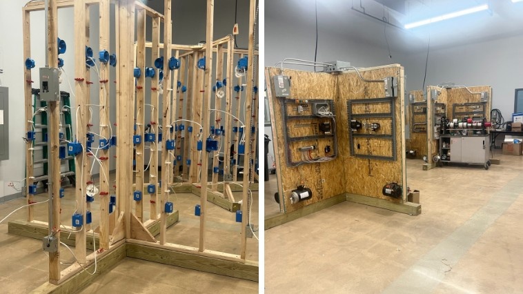 Two views of electrical training stations in a trade school shop: a wood-framed wall wired with blue outlet boxes and cabling on the left, and plywood panels mounted with electrical components