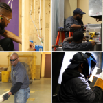 A collage of four photos showing skilled trades students at work: an electrical student in safety glasses wiring an outlet in a wood-framed wall, HVAC students using a drill to install ductwork on ladders, a carpentry student in safety glasses measuring lumber in a shop, and a welding student in a helmet and gloves welding a metal pipe.