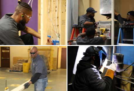 A collage of four photos showing skilled trades students at work: an electrical student in safety glasses wiring an outlet in a wood-framed wall, HVAC students using a drill to install ductwork on ladders, a carpentry student in safety glasses measuring lumber in a shop, and a welding student in a helmet and gloves welding a metal pipe.