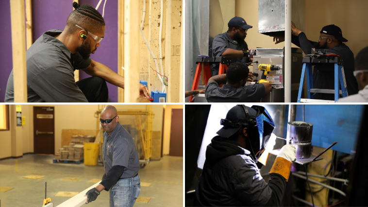 A collage of four photos showing skilled trades students at work: an electrical student in safety glasses wiring an outlet in a wood-framed wall, HVAC students using a drill to install ductwork on ladders, a carpentry student in safety glasses measuring lumber in a shop, and a welding student in a helmet and gloves welding a metal pipe.